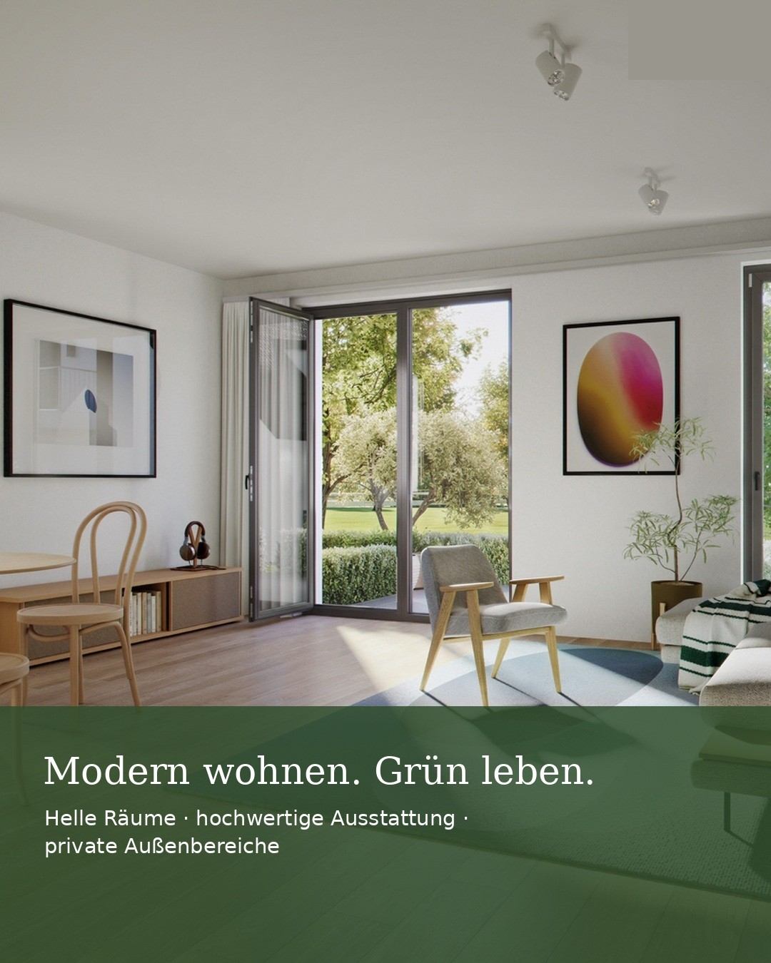 Modern wohnen. Grün leben. Wohnbereich mit Blick in den Garten